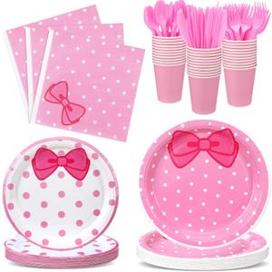 Funnymoom 175 Pcs Pink Cat Party Supplies Bow Plates and Napkins Tableware Set Cute Cat Bow Disposable Dinnerware for Birthday Baby Shower Cute Kitty Party Favors for 25 Guests