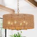 Hand-Woven Rattan Chandelier Vintage Farmhouse Boho Bamboo Golden Chandelier Light Fixture Retro Drum Wicker Gold Chandeliers for Dining Room, Kitchen Island, Living Room