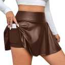 OYOANGLE Women's Plus Size PU Leather Ruffle Short Skirts High Waist Pleated Skater Skirt with Built in Shorts (3X-Large Plus, Brown)