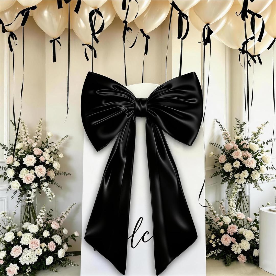 24 x 40 Inches Large Black Bow Decor, Big Black Bow Wall Decor for Backdrop Birthday Wedding Bachelorette Party, Huge Satin Ribbon Tie Hanging Photo Booth Room Decor