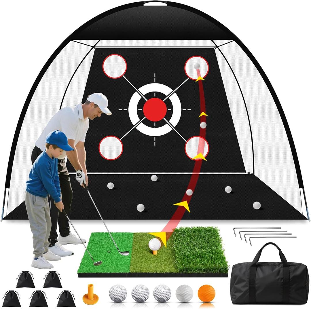 Golf Net 10x7FT with Tri-Turf Mat, Ball, Target & Bag, All-in-One Golf Practice Hitting Net for Backyard Driving, Chipping & Swing, Indoor Outdoor Training Aid, Gift for Men Dad Him Golfer