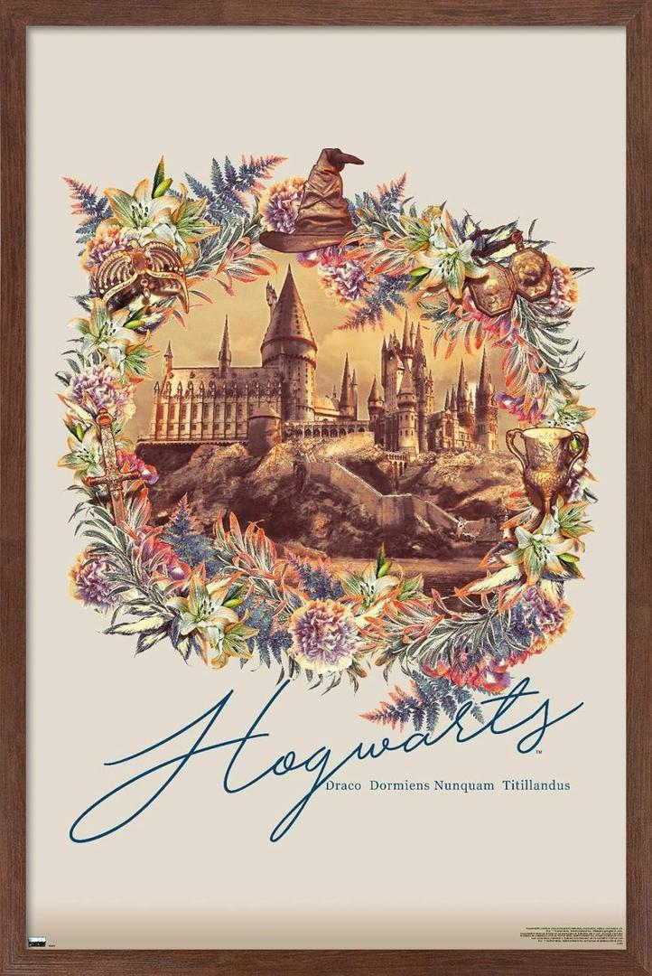 Trends International The Wizarding World: Harry Potter - Floral Hogwarts Wall Poster, 22.375" x 34", Mahogany Framed Version (34L" x 22.4W")