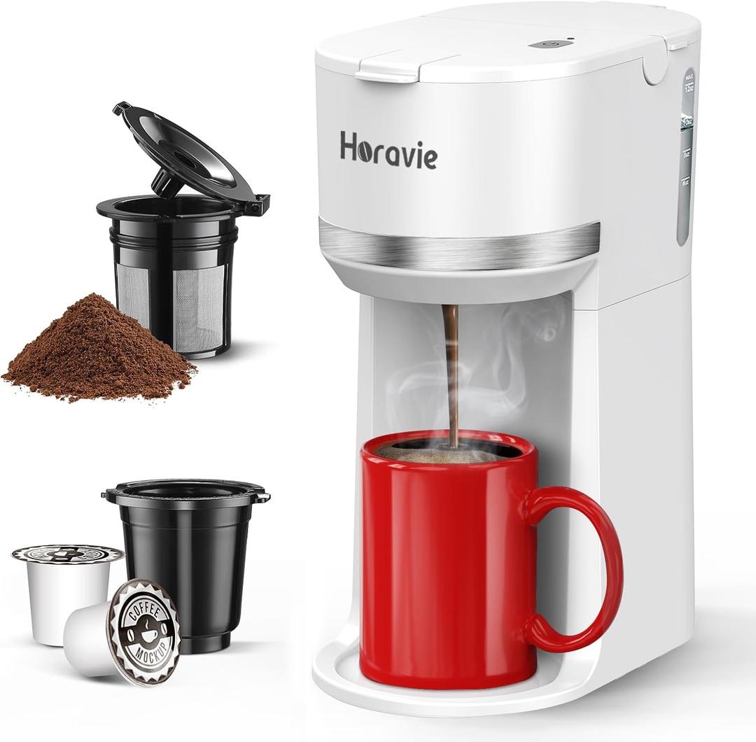 Mini Single Serve Coffee Maker for K Cup and Ground Coffee, Fast Brew One Cup Coffee Machine with Descaling Reminder and Water Window, 6 to 12 oz. Brew Sizes, White (9.45 Inches)