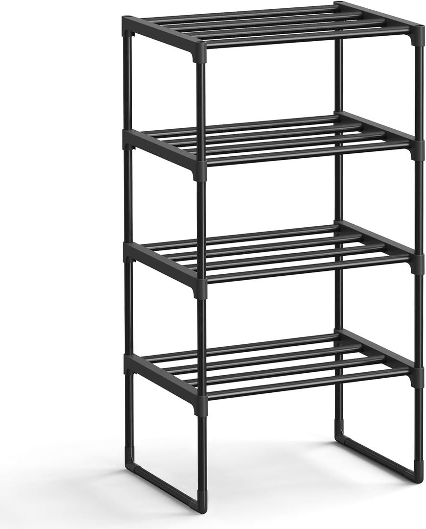 SONGMICS Shoe Rack, 4-Tier Shoe Organizer, Metal Storage Shelf, Upright or Upside Down, for 5-10 Pairs, Stackable, for Entryway, 11.8 x 16.7 x 28.2 Inches, Black ULSA004B01