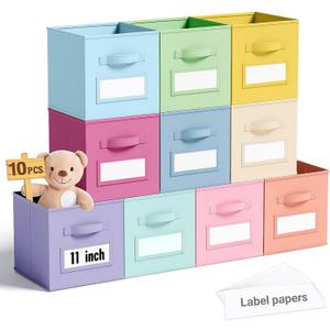 Teenyyou 10 Pack Fabric Storage Cubes 11 Inch Collapsible Cube Bins with Label Window & Handle Foldable Organizers Baskets for Shelf Closet Nursery Kids Room Clothes Book Toy(Macaroon)
