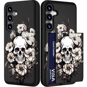 Compatible with Samsung Galaxy S24 & S25 Case with Card Holder Cute Shockproof Drop Protection Phone Wallet Slot Cover Cases for Women - Black Floral Skull Skeleton
