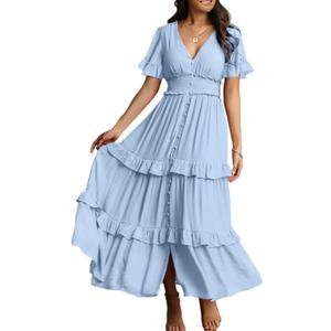 Amegoya Women's V Neck Summer Boho Maxi Dress Wedding Guest Tiered Ruffle Sleeve Long Flowy Dresses (Blue S)