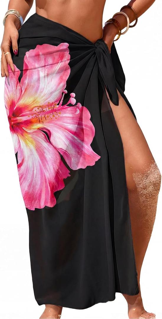 Herseas Women Sheer Sarong High Slit One Size Swimsuit Coverups 2026 Summer Floral Print Chiffon Wraps Beach Cover Up (Black)