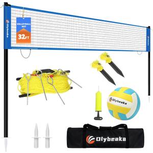 Portable Outdoor Volleyball Net Set for Backyard Beach with Adjustable Poles, Soft PU Volleyball & Pump, Carry Bag and Durable Anti-Sagging Net (32ft, Blue)