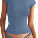 Women's Double Lined Mock Turtle Neck Tops Slim Fitted Cap Sleeve Shirts Going Out Tees Y2k Summer Clothes 2025, L