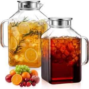 Gisafai 2 Pack 1 Gallon Square Glass Water Pitcher with Lid and Spout Smooth Borosilicate Glass Carafe for Hot/Cold Drink Thickened Pitcher with Handle for Fridge Large Jug for Iced Tea Juice Coffee