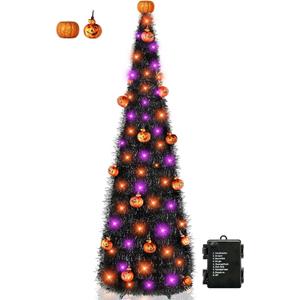 [Timer& Pumpkin] 6 Ft Black Tinsel Halloween Tree with 60 LED Orange Purple Lights, Pop Up Artificial Pencil Tree with Lantern Topper & 15 Jack-O Pumpkin Balls Ornaments for Halloween Decor Indoor