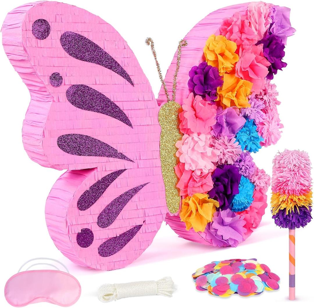 27" Extra Large Butterfly Pinata with Stick and Blindfold for Themed Party Decoration, Spring Party Supplies