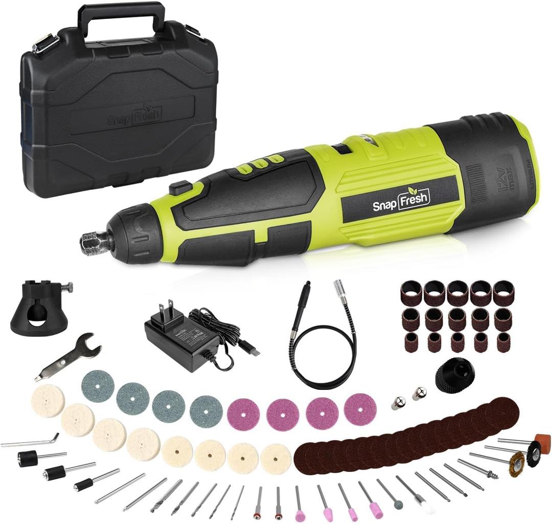 SnapFresh 12V Cordless Rotary Tool Kit,7 Variable Speeds w/Flex Shaft,80+ Change Accessories Multi Tool-Battery Fast Charger & Tool Bag-for Cutting, Sanding, Polishing, Drilling,Handmade or DIY Crafts