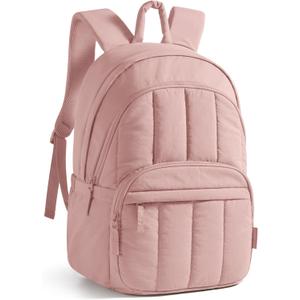 BAGSMAT Womens Backpack Travel Laptop Backpack for Women, Quilted College Laptop Bookbag, Work Back Pack for Women, Cute Computer Water-Resistant Casual Daypack, Puffer Pink (15.6 Inch)