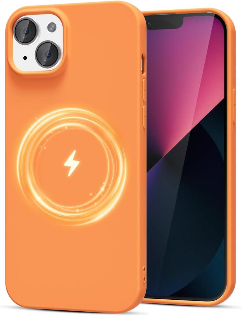 for iPhone 13 Mini/ 12 Mini Case Silicone Compatible with Magsafe, Cute Thin Slim Magnetic Soft Rubber Gel Mag Safe Phone Case for Women Girls, Hard TPU Bright Solid Color Cover, Neon Orange