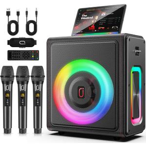 Karaoke Machine, Portable Bluetooth 5.3 Speaker with 3 Wireless Microphones for Adults, PA System with Pitch Correction & Echo Adjustment, Supports TWS/TF Card/USB/AUX/Live for Home Party (3MICS)