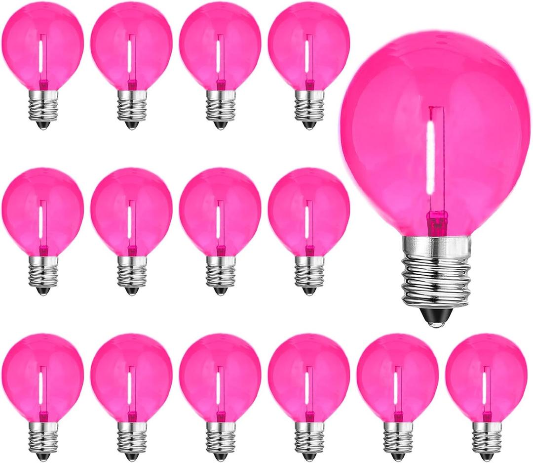 G40 Pink LED Replacement Light Bulbs - 1W LED Filament Bulb, Shatterproof Waterproof Outdoor String Lights, Decorative Globe Night Light, E12/C7 Candelabra Base, 15 Pack