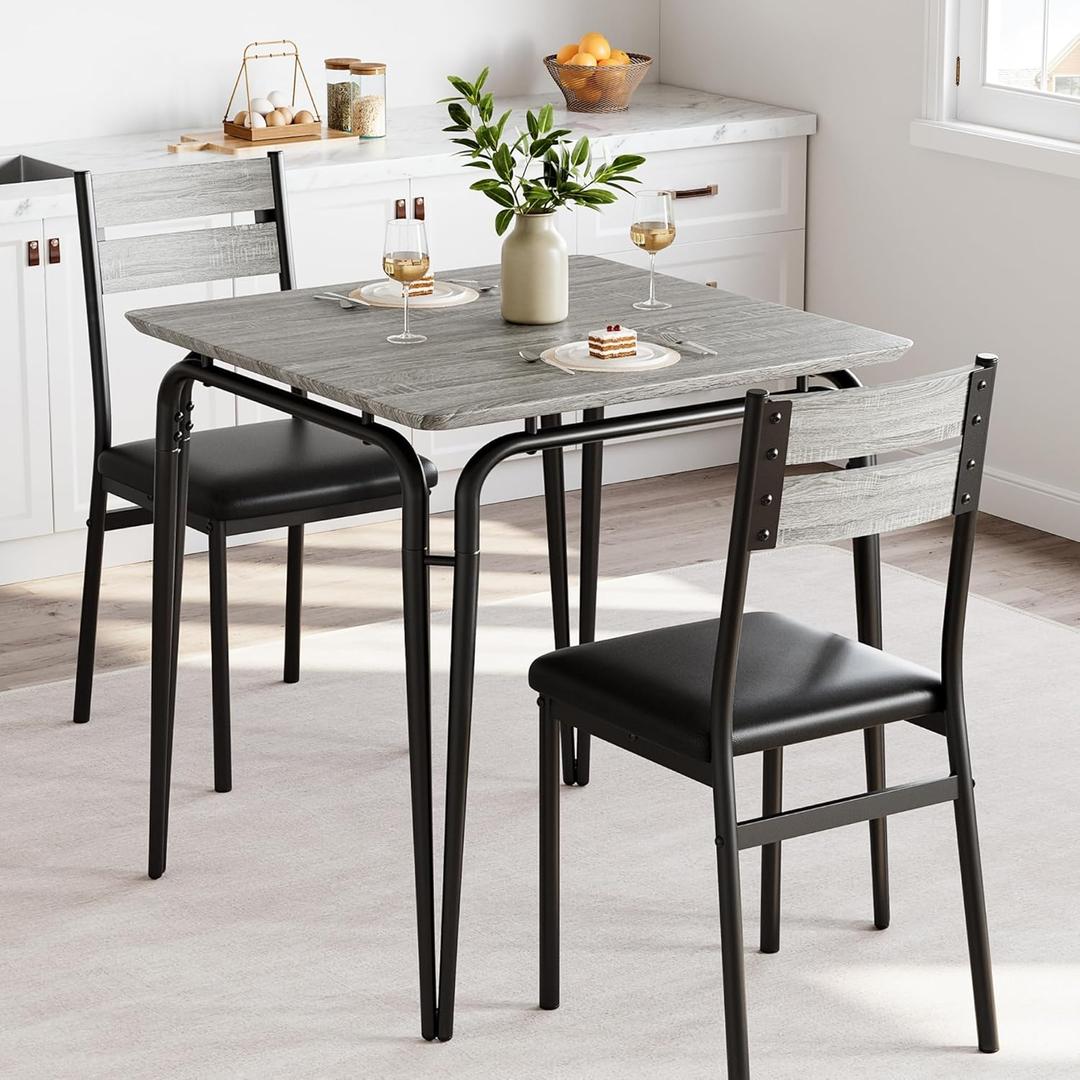 Dining Table for 2, Small Table and Chairs Set of 2, Square Dinette Set for 2, Dinner Table Set, 3 Piece Kitchen & Dining Room Sets for Small Space, Apartment (Gray, Dining Table with 2 Chairs) (Grey)