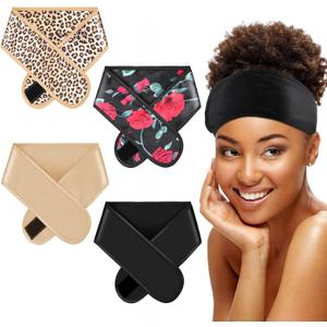 Eurzom 4 Pieces Satin Hair Wrap Scarf Satin Headband for Black Women's Adjustable Silk Hair Wraps for Sleeping Nonslip Strips (Black, Champagne, Leopard Print)