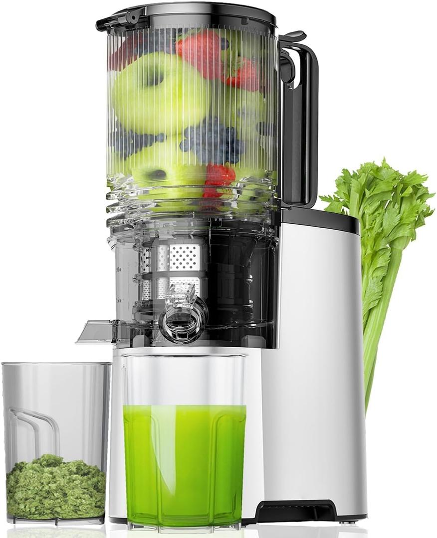 EanOruus Cold Press Juicer, 5.8" Wide Feed Chute Juice Extractor Machine with 400W, High Juice Yield, Slow Masticating Juicer for Whole Vegetables & Fruits, Silver