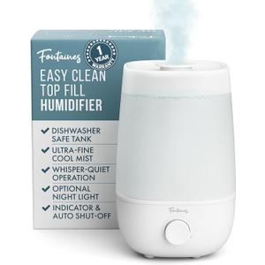 Fontaines Luxury Top-Fill Cool Mist Humidifier - 360 Ultra-Fine Spray, Whisper-Quiet Operation, Dishwasher-Safe Tank, Nightlight & Auto Shut-Off, Easy to Clean for Home, Bedroom, Baby Nursery