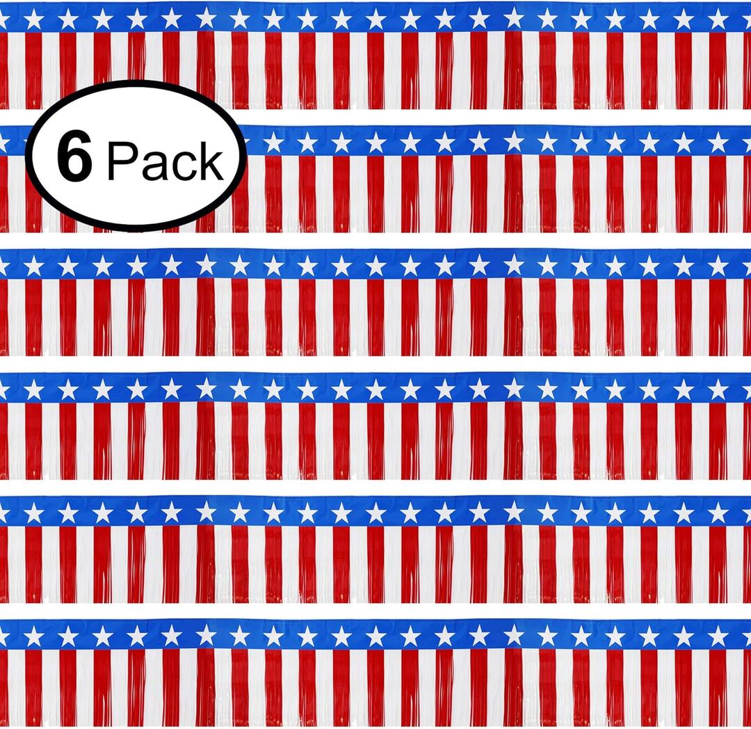 Parade Floats Foil Fringe Skirting Decorations - Pack of 6 - Each 15" x 10 Feet Long American Flag Metallic Tinsel Patriotic Garland for 4th of July, Homecoming