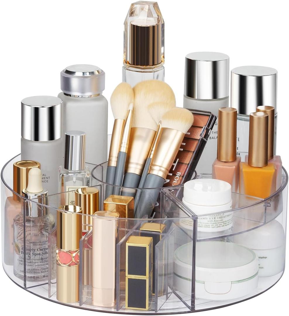 360 Rotating Makeup Organizer, 10" Clear Turntable Lazy Susan Organizer for Vanity, Bathroom Counter, Cabinet, Spinning Cosmetic Storage Holder with 6 Dividers for Skincare, Makeup Brushes, Lipsticks (10x10x3.5 inches)