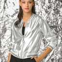 Allegra K Women's Bomber Jacket Sparkly Crew Neck Long Sleeve Holographic Lightweight 90S Shiny Party Metallic Jackets Small Silver