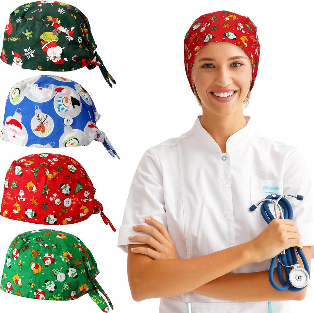 Suhine 4 Pcs Christmas Scrub Caps with Button Working Cap Sweatband Adjustable Printed Bouffant Scrub Hat for Women Men Xmas