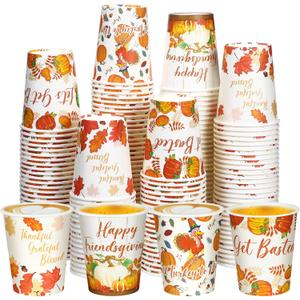 Domensi 200pcs Fall Friendsgiving Disposable Cups 9 oz Autumn Coffee Cups Pumpkin Maple Leaves Paper Thanksgiving Harvest Drinking Accessories for Juice Hot Cold Drinks Coffee