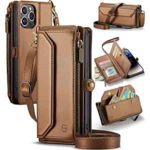 Wallet Case Compatible with iPhone 14 Pro RFID Blocking 7-Card Holder Soft PU Leather Magnetic Snap Shoulder Strap Zipper Pocket Phone Case Fit for iPhone 14 Pro 6.1" - Brown