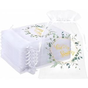 Windyun 200 Pcs Love Is Sweet Organza Bags for Wedding Treat 4 x 6 Inch Wedding Favor Candy Gift Bags Bulk Small Sheer Eucalyptus Leave Jewelry mesh pouches with Drawstring for Baby Shower Supply