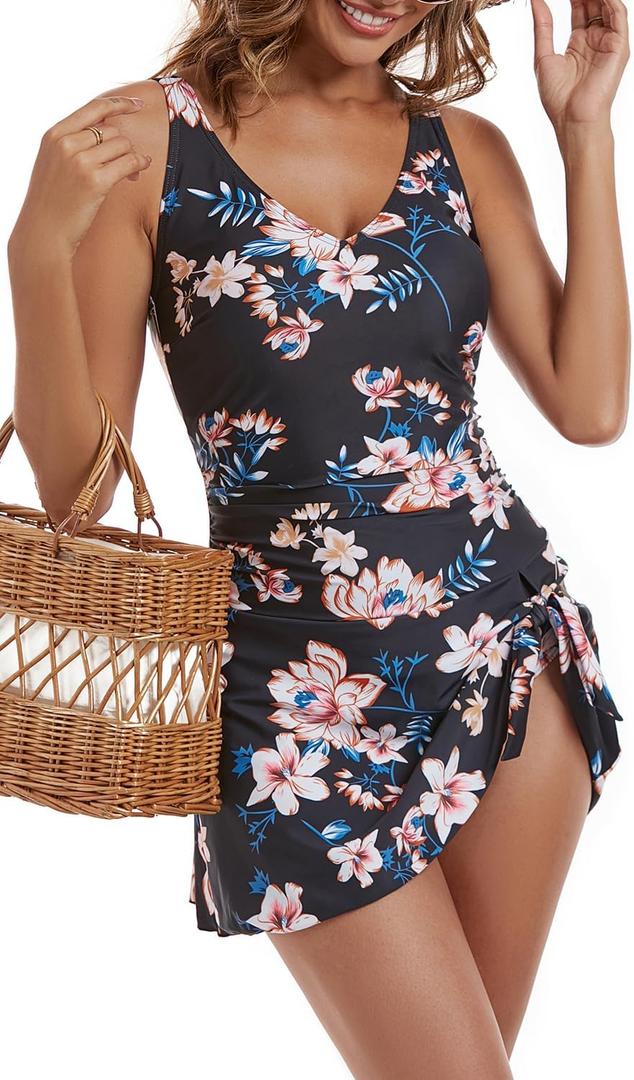 One Piece Swim Dress Swimsuits for Women Tummy Control Swimdress Skirt V Neck Bathing Suit (Medium, Black Floral Print)