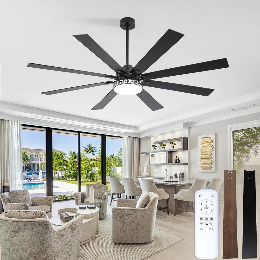 72 inch Ceiling Fans with Lights and Remote/APP Control, Quiet Large 8 Blades Ceiling Fan with Light, Black Brown Two-Sided Fan Blades, 6 speeds, Timer function, Dimmable, For Living Room, Bedroom