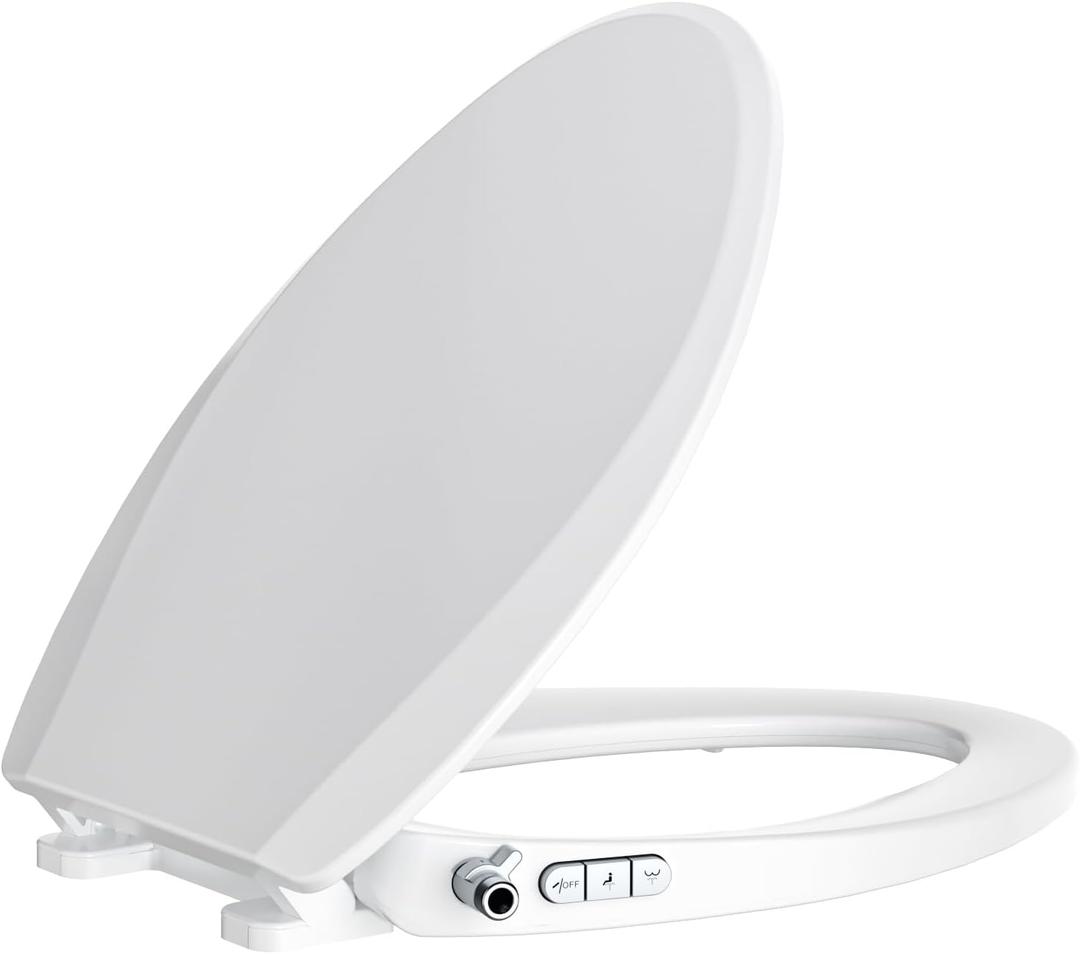 Clirass Bidet Toilet Seat, Soft Close Toilet Seat, Button control Feminine/Posterior Wash Switch, Knob Control Water Pressure,White Bidet Seat Attachment with Brass inlet (Elongated-D)