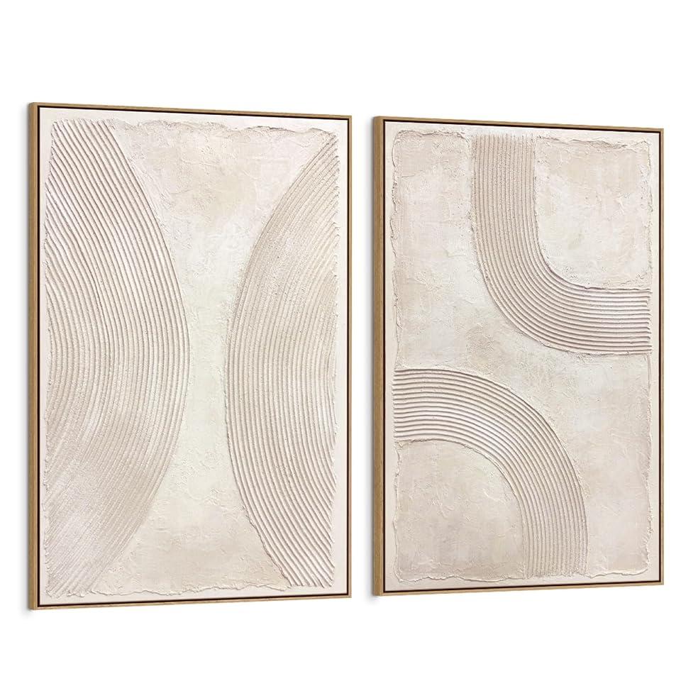 SAFERRYHOME Neutral Boho Hand Painted Abstract Wall Art, 24"x36"x2 Framed | Abstract 3D Textured Framed Wall Decor, Modern Mid Century Minimalist Geometric Line Painting for Home Office Living Room