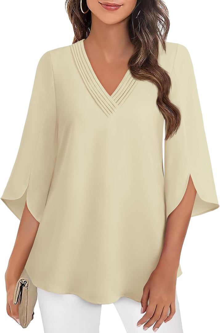 Women's 3/4 Sleeve Tops Pleated V Neck Business Casual Chffion Blouses Dressy Office Work Shirts Loose Fit Tunics (Beige, M)