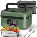 ODSD Cordless Electric Lunch Box for Adults, 16000mAh Rechargeable Self-Heating Lunch Box Food Warmer with Timer & Adjustable Heating, 34oz/1L Container with Insulated Bag for Office Car Outdoor (Green/Dark Green)