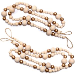 Christmas Tree Wood Bead Garland 2pk 4 Feet Each (8 Feet Total), Wood Tree Garland for Tree, Wooden Beads