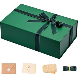 LIFELUM Green Gift Box for Presents 1 Pack 13.85 x 8.35 x 4.45 inch Big Decorative Large Gift Box for Clothes with Magnetic Lids Luxury Accessories Card, Ribbon, Filler,Sticker, 1 count
