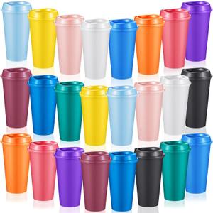 24 Pcs Reusable Coffee Cups with Lids 16 oz Travel Hot Cups Microwavable Plastic Tumblers Coffee Mugs for Hot and Cold Drinks (Bright Colors)