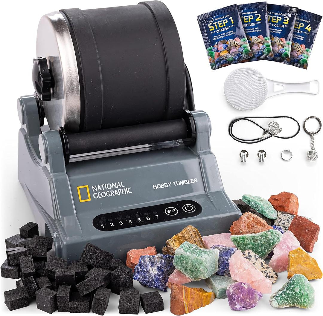 National Geographic Hobby Rock Tumbler Kit  Durable Leak-Proof Rock Polisher with 7-Day Timer, Complete Rock Tumbling Kit with Grit, Jewelry Settings & GemFoam Polish, Educational STEM Science Kit