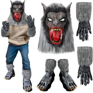 Ramede 3 Pcs Halloween Werewolf Costume Adult Wolf Head Mask Claws Gloves Werewolf Shoe Covers for Men Women Unisex Adult Dress up Cosplay Party Gifts