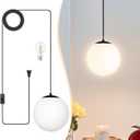 KoKo&Yukina 8" Globe Pendant Light Black Plug in Pendant Light Adjustable Hanging Lights with Plug in Cord Matte Black Finished with Milk Glass Lampshade for Bedroom Kitchen IslandBulb Included