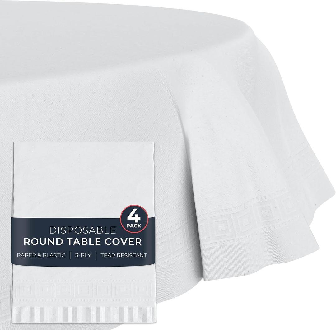 HOUZZKINGZ USA Paper Tablecloths for Round Tables | 4 Pack | White, 3-Ply Premium Paper & Plastic Table Cloths for Parties, Disposable