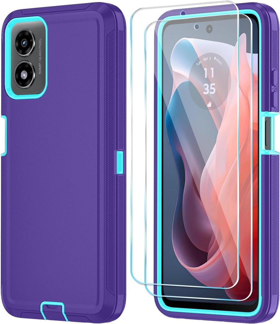 Qinmay Phone Case for Motorola Moto G Play 2024 4G Case with HD Screen Protector, Heavy Duty Shockproof & Dropproof 3-Layer Cover Phone Case for Moto G Play 2024 (PurpleSkyBlue)