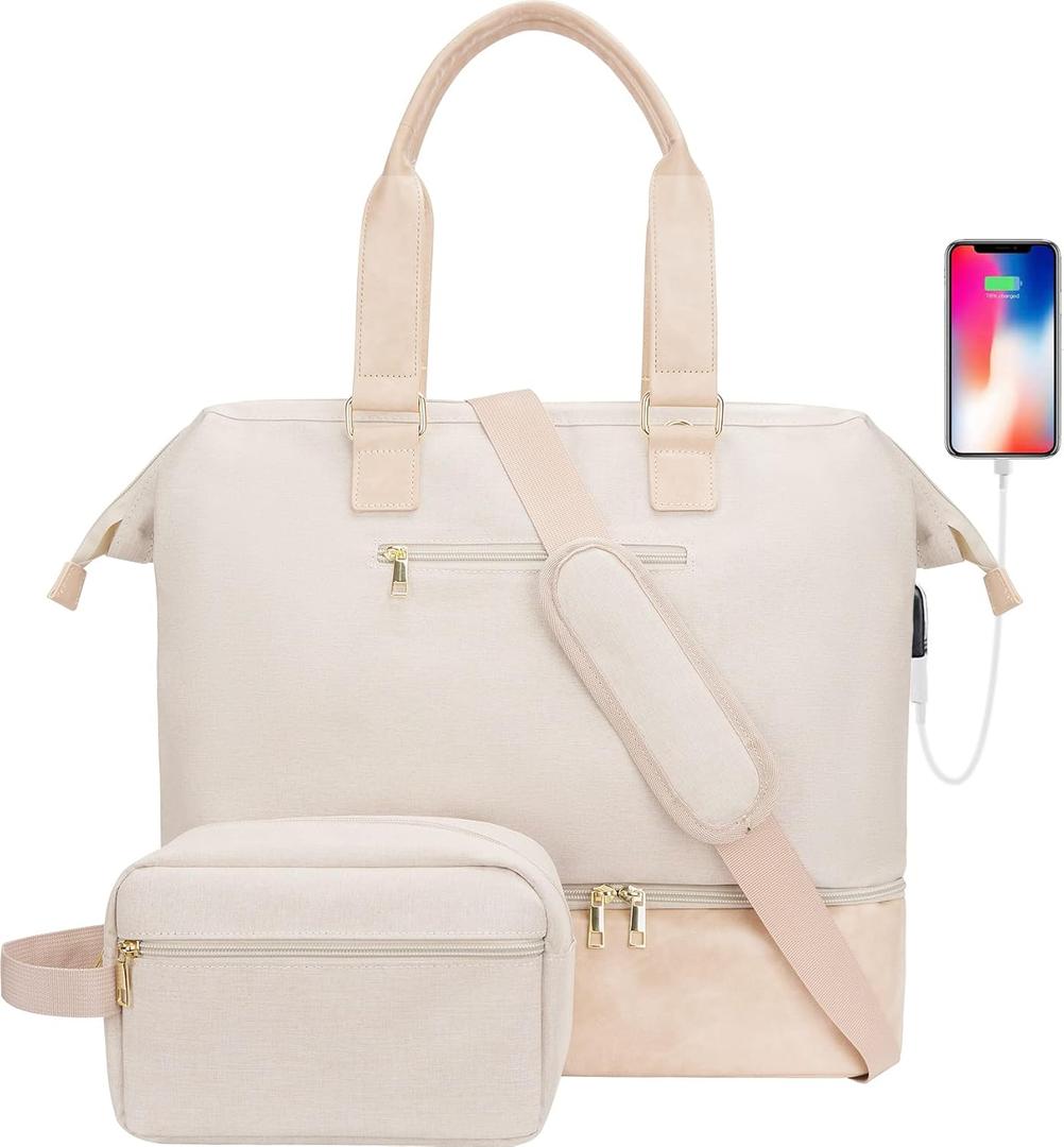 Weekender Bag with Shoe Compartment Travel Duffle, Carry On 20 Inch, Beige