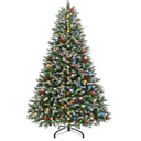 Prelit & Snowy 6 Ft Full Christmas Tree with Lights 250 LED 2-In-1 White & Multicolor 800 Frosted Tips 8 Modes Timer Pre-Decorated Pinecones Berry Metal Stand Hinged Artificial Xmas Tree Holiday Decor