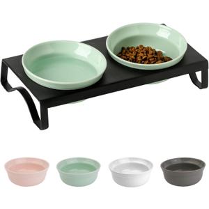 Ceramic Green Cat Bowl Set - 5 inch Wide Cat Food & Water Bowls, Elevated Feeding Porcelain with Metal Stand for Indoor Cats and Small Dog,2 Bowls+1 Stand Set for Wet and Dry Food